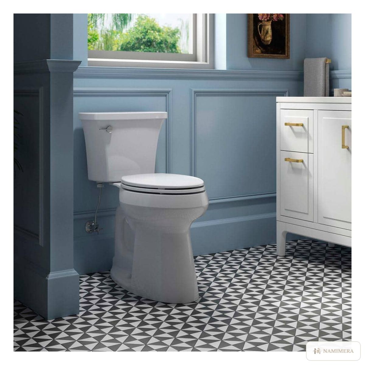 Namimera Two-Piece Elongated Extra-Tall Toilet, 1.28 GPF Single Flush, 12 in. Rough-In, White - detail view