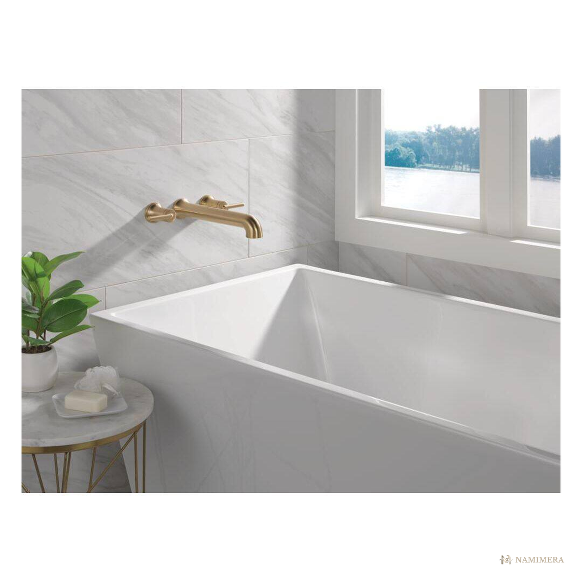 Namimera 2-Handle Wall-Mount Tub Filler Trim with 12 in. Spout, Champagne Bronze - detail view