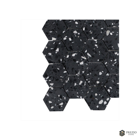 Prezio Stone Grand Hexagon Mosaic, Bamboo Green Marble and Black Terrazzo - texture detail