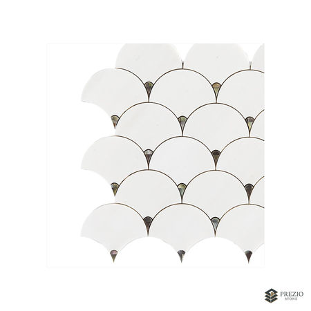 Prezio Stone Plume Fan Waterjet Mosaic with Brass Outline, White Marble - texture detail