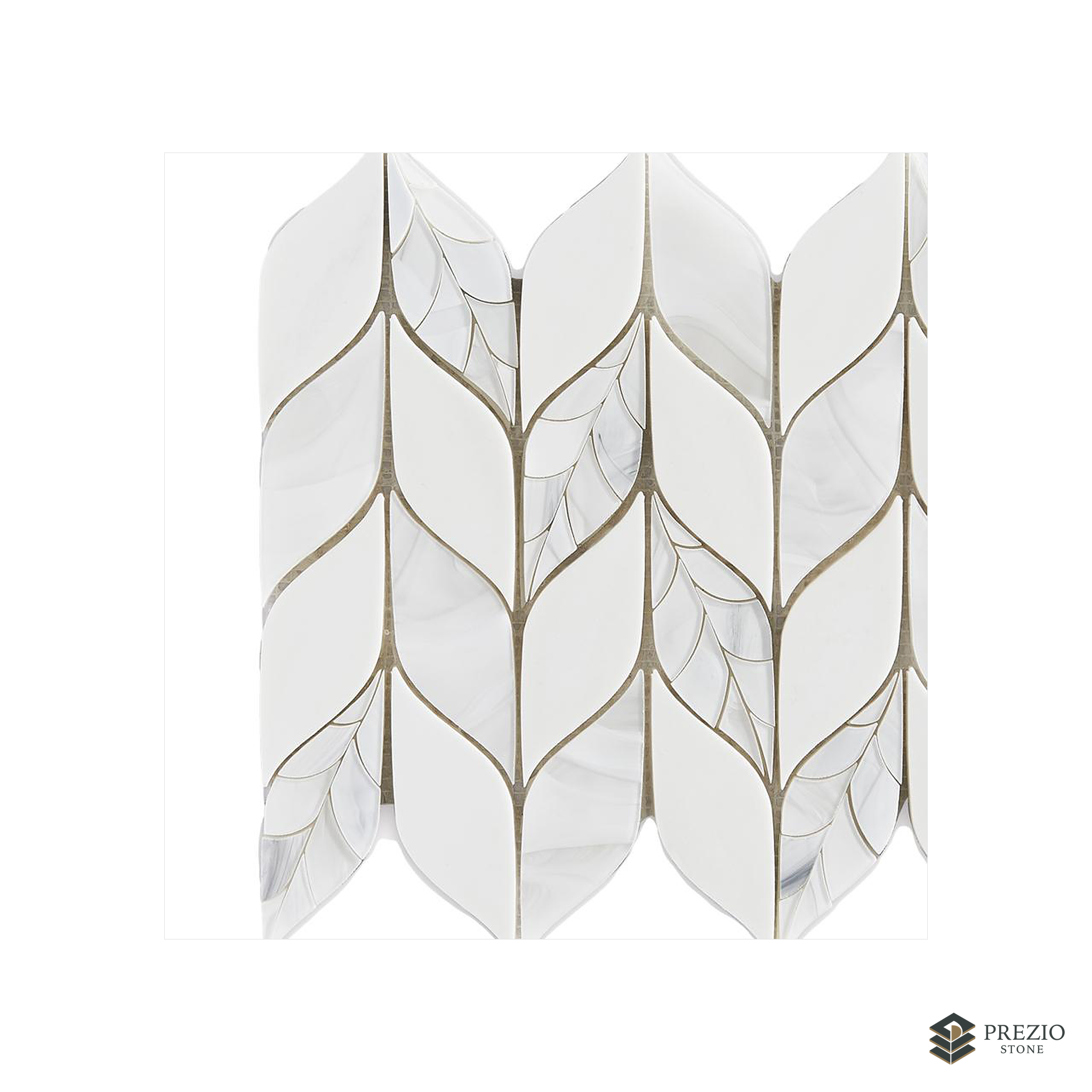 Prezio Stone Leaf Chevron Waterjet Mosaic, Jade, Calacatta, and Azul Marble - texture detail