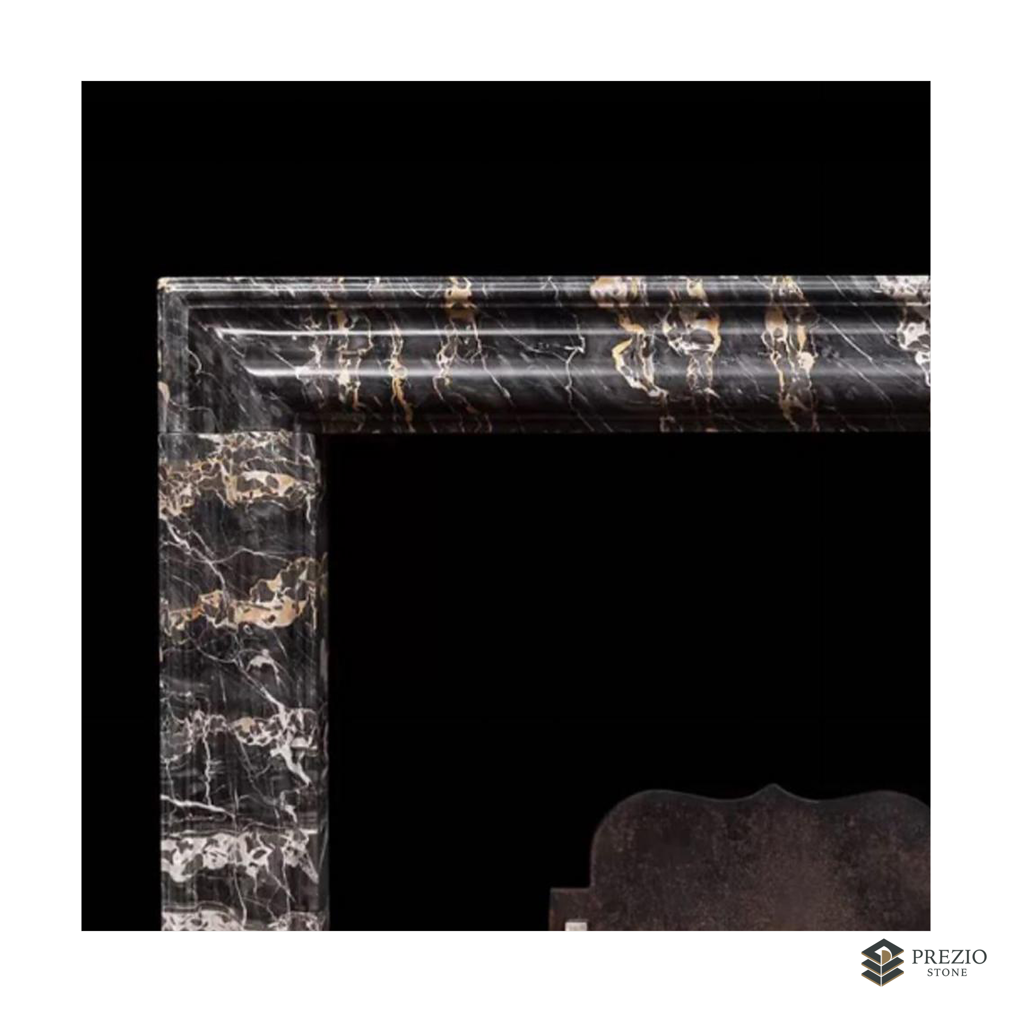 Prezio Stone Delilah 48 in. W Carved Stone Fireplace Mantel in Nero Portoro - texture detail