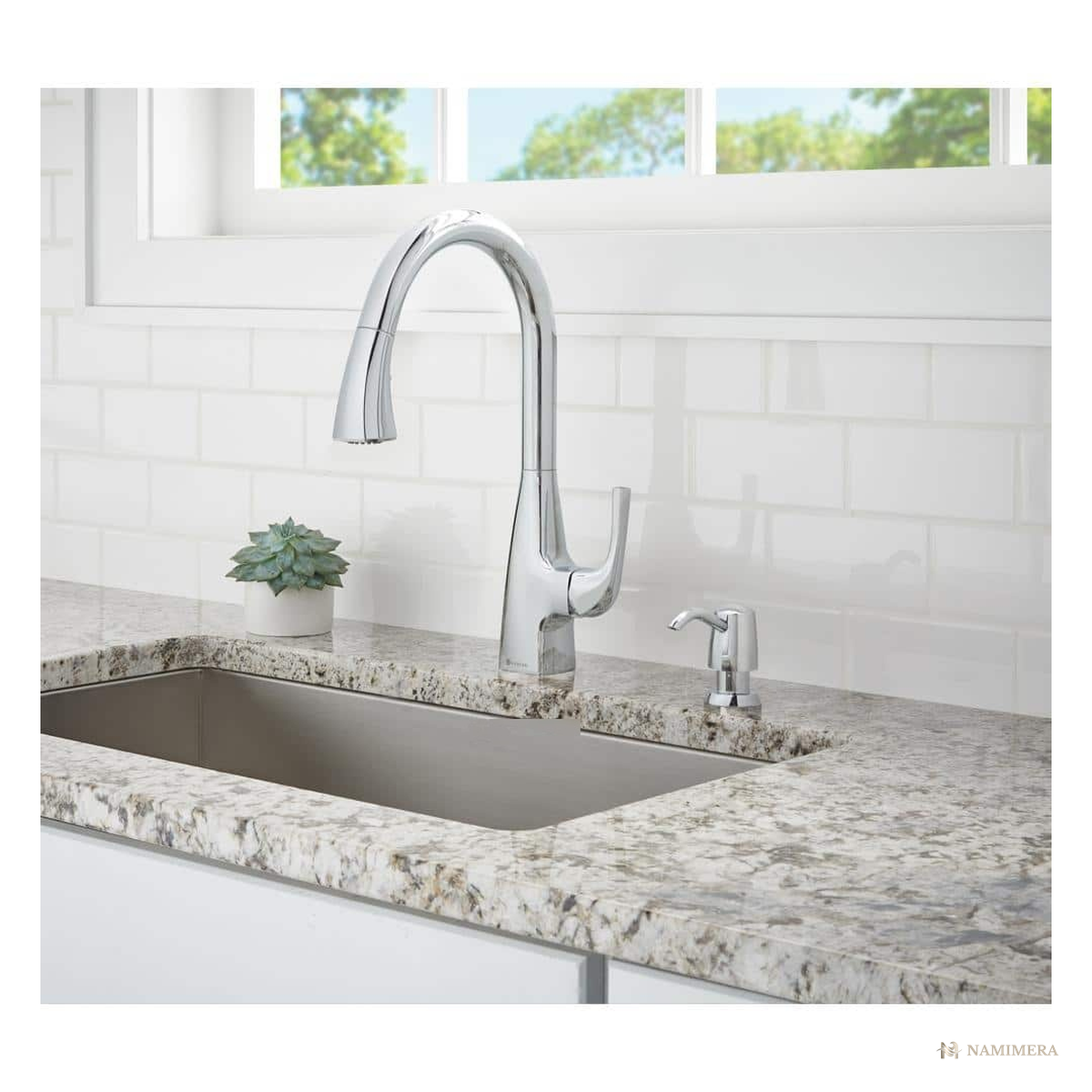 Namimera Single-Handle Pull-Down Kitchen Faucet with Soap Dispenser, 1.75 GPM, Chrome - detail view