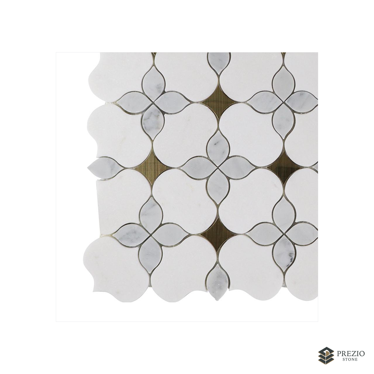 Prezio Stone Petal Blossom Waterjet Mosaic with Brass Dots, Calacatta and Grey Marble - texture detail