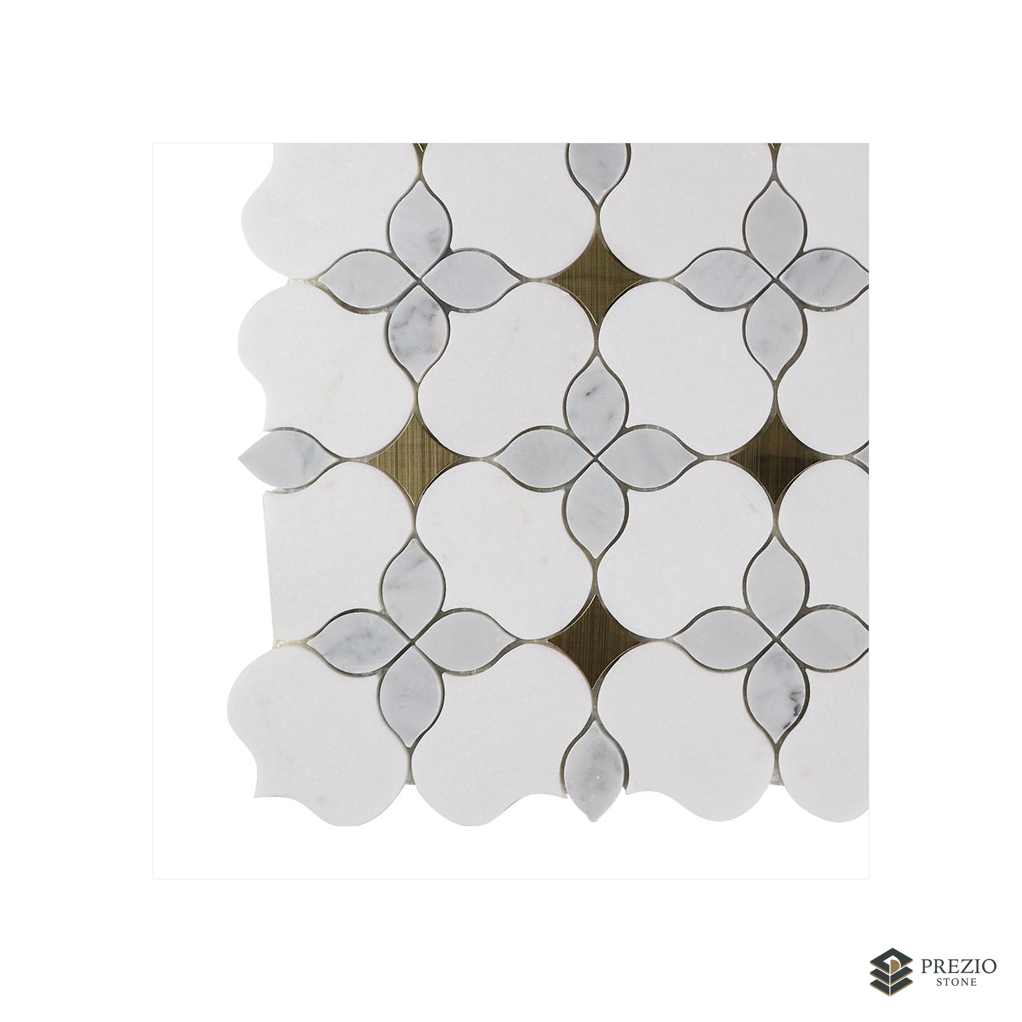 Prezio Stone Petal Blossom Waterjet Mosaic with Brass Dots, Calacatta and Grey Marble - texture detail