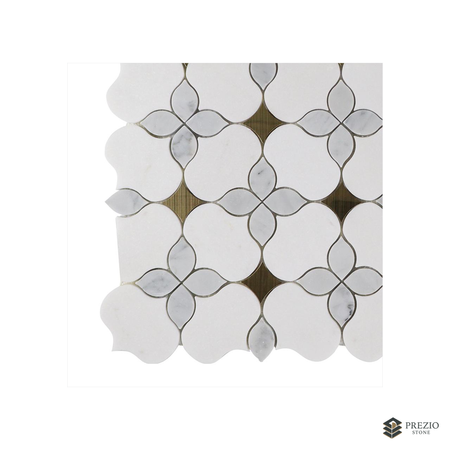 Prezio Stone Petal Blossom Waterjet Mosaic with Brass Dots, Calacatta and Grey Marble - texture detail