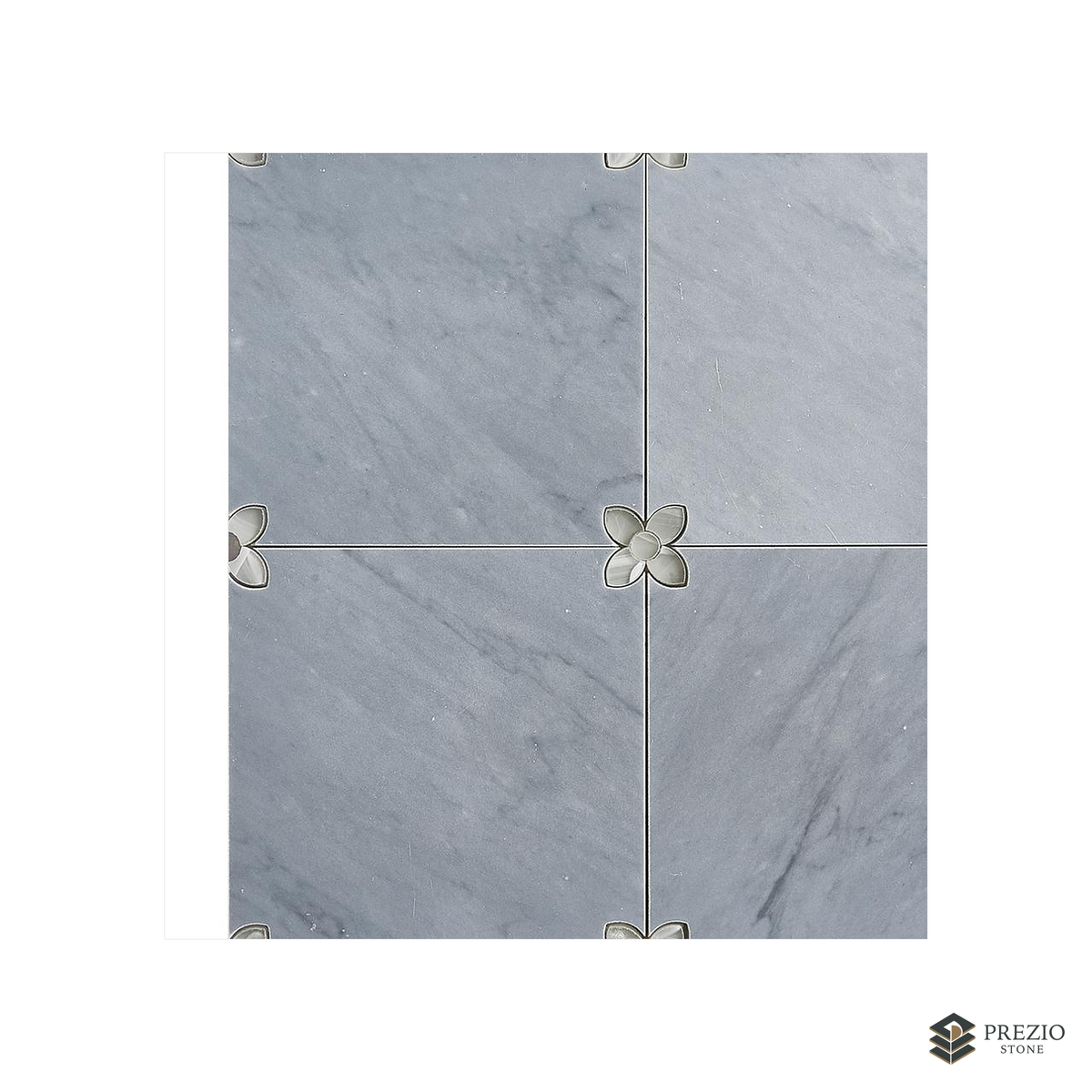 Prezio Stone Blossom Corner Waterjet Mosaic with Brass Inlay, Carrara and Bardiglio Marble - texture detail