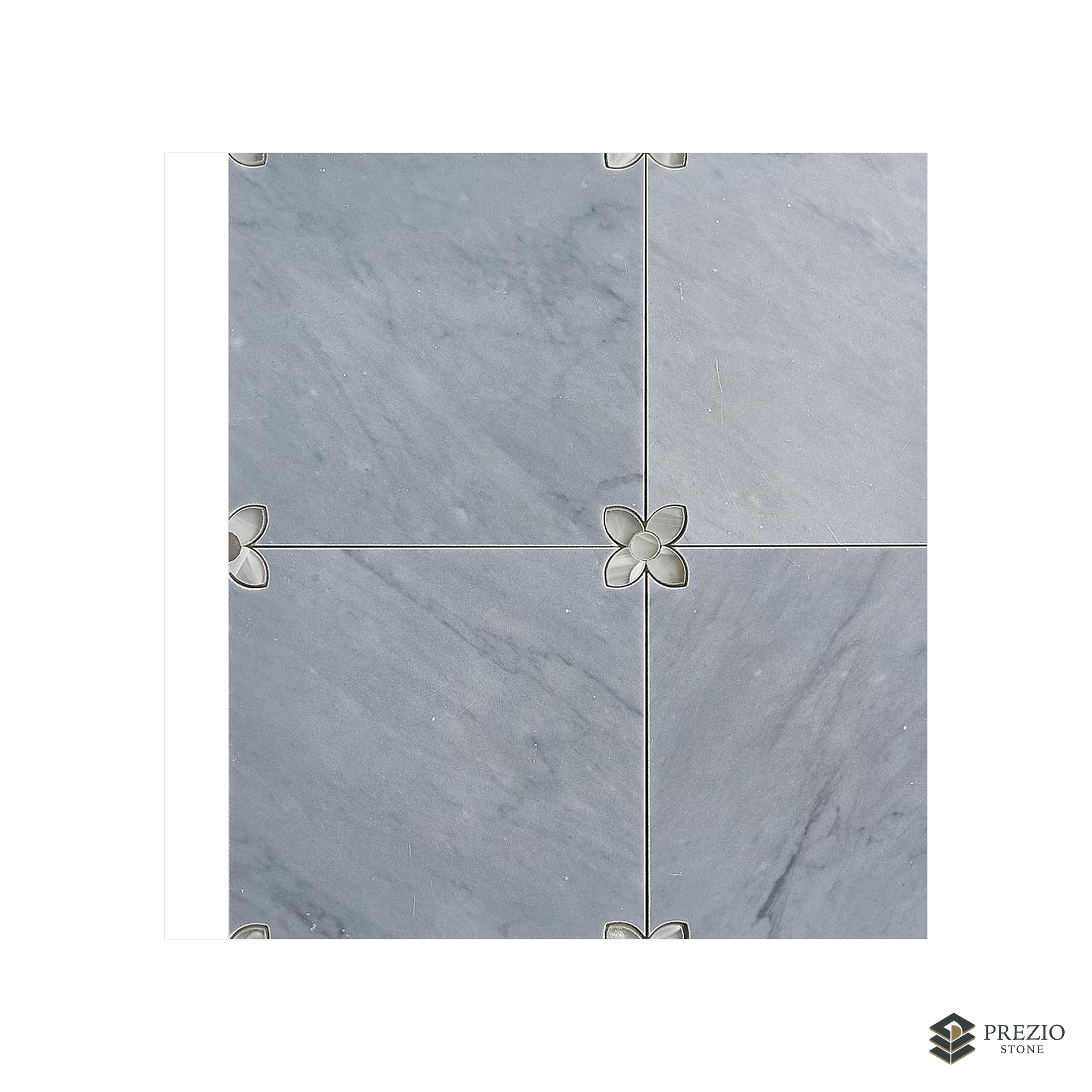 Prezio Stone Blossom Corner Waterjet Mosaic with Brass Inlay, Carrara and Bardiglio Marble - texture detail