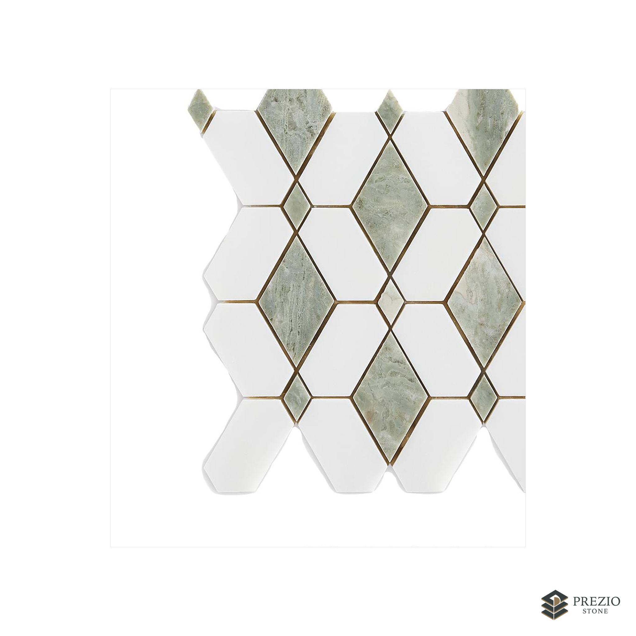 Prezio Stone Cube Lozenge Waterjet Mosaic with Brass Dots, Calacatta, Verde, and Nero Marble - texture detail