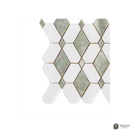 Prezio Stone Cube Lozenge Waterjet Mosaic with Brass Dots, Calacatta, Verde, and Nero Marble - texture detail