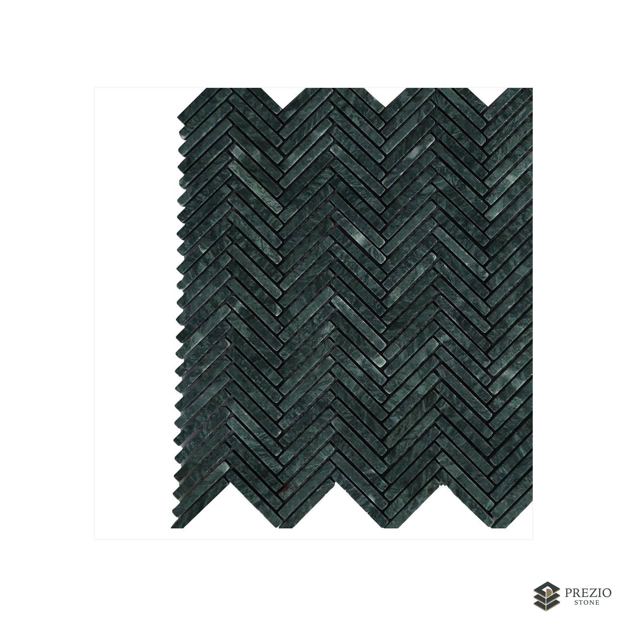 Prezio Stone Verde Herringbone Mosaic, Green Marble Strip Sheet - texture detail