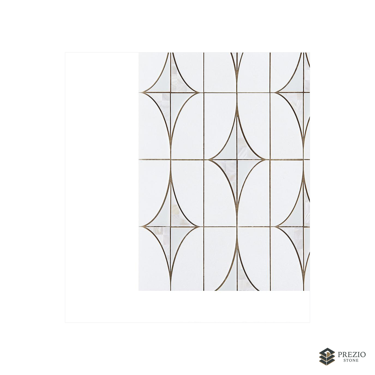 Prezio Stone Star and Pill Lattice Waterjet Mosaic with Brass Inlay, White Marble - texture detail