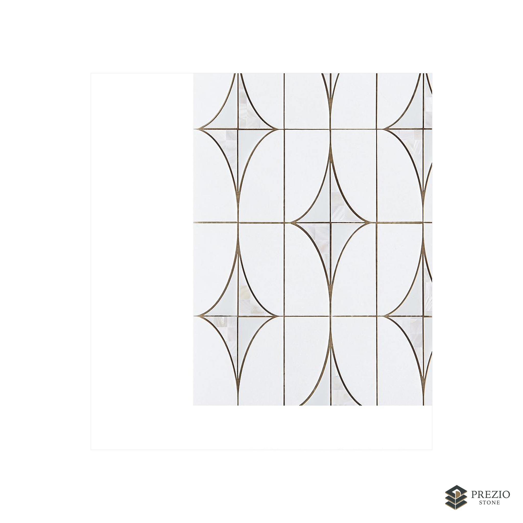 Prezio Stone Star and Pill Lattice Waterjet Mosaic with Brass Inlay, White Marble - texture detail