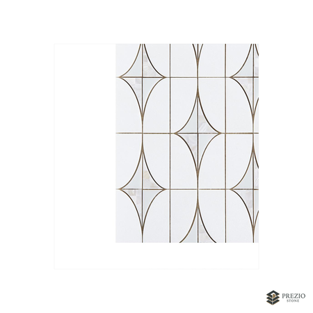 Prezio Stone Star and Pill Lattice Waterjet Mosaic with Brass Inlay, White Marble - texture detail