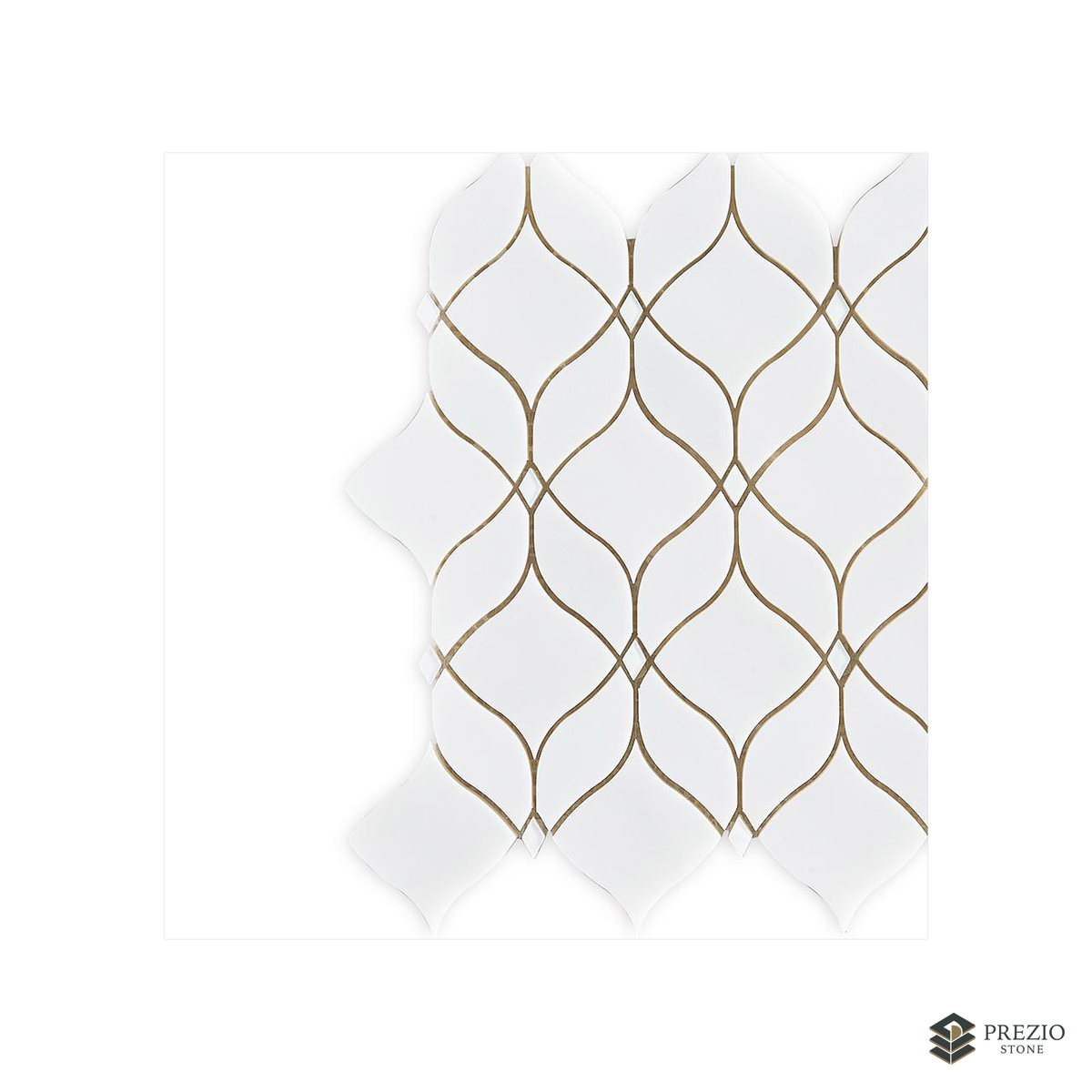 Prezio Stone Lantern Trellis Waterjet Mosaic with Brass Inlay, White Marble - texture detail
