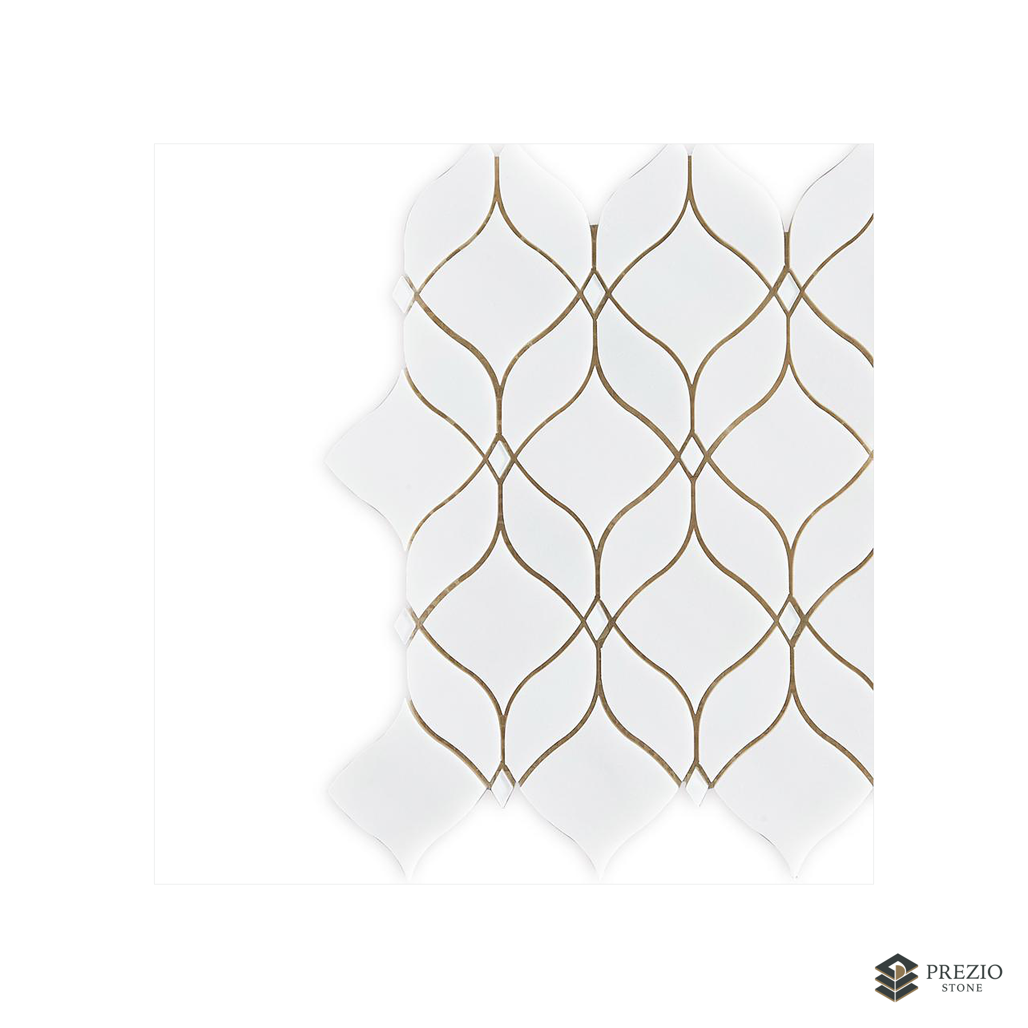 Prezio Stone Lantern Trellis Waterjet Mosaic with Brass Inlay, White Marble - texture detail