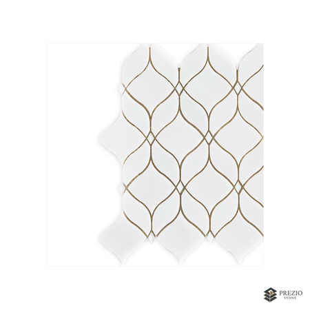 Prezio Stone Lantern Trellis Waterjet Mosaic with Brass Inlay, White Marble - texture detail