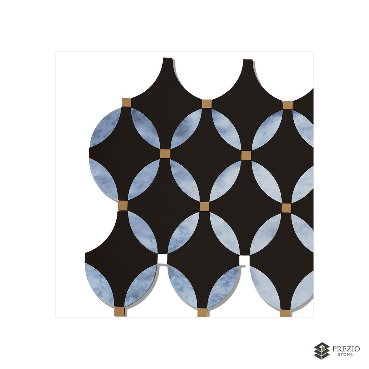 Prezio Stone Coin Ellipse Waterjet Mosaic with Brass Dots, Blue Grey and Nero Marble - texture detail