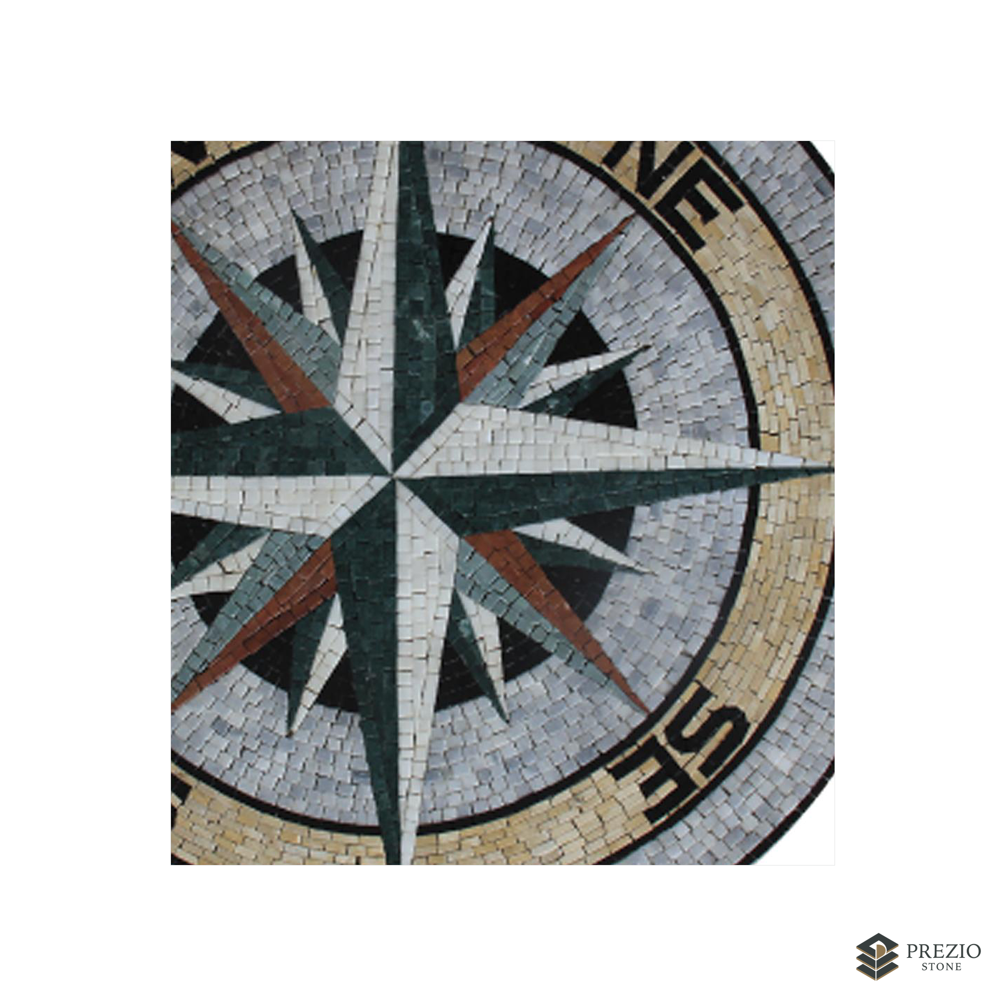 Prezio Stone Compass Rose Mosaic Medallion, Commissioned Natural Stone Floor Art - texture detail
