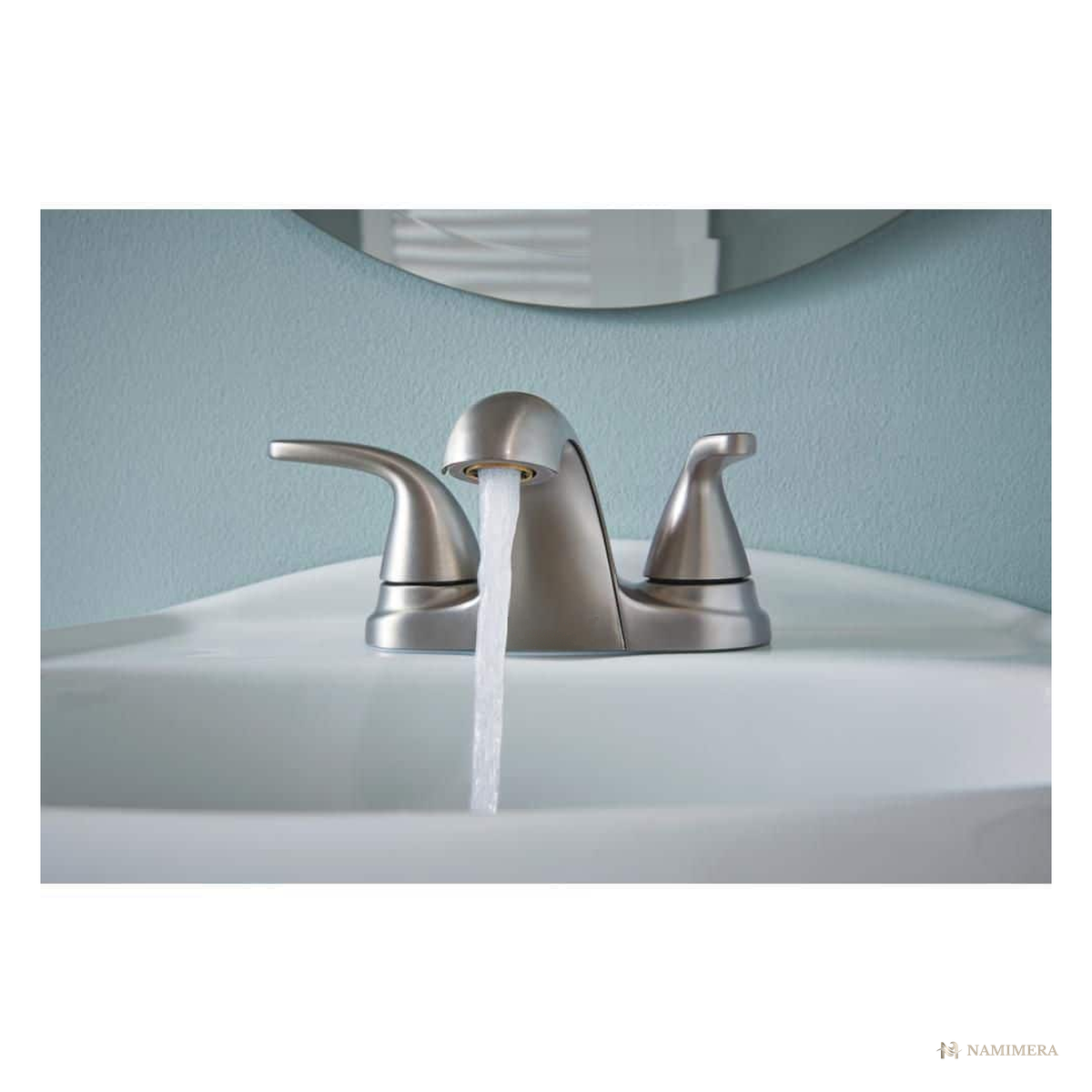 Namimera 4 in. Centerset Double-Handle Low-Arc Bathroom Faucet with Drain, 1.2 GPM, Brushed Nickel - detail view