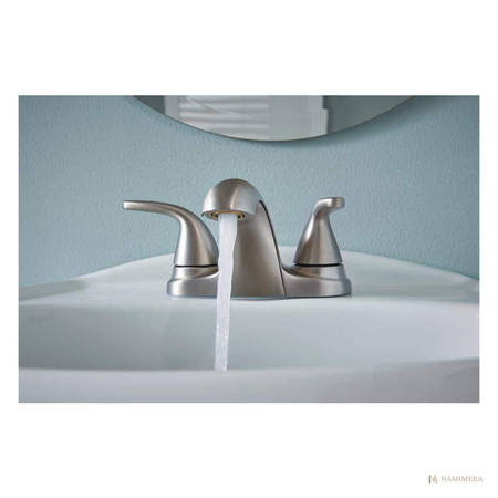 Namimera 4 in. Centerset Double-Handle Low-Arc Bathroom Faucet with Drain, 1.2 GPM, Brushed Nickel - detail view