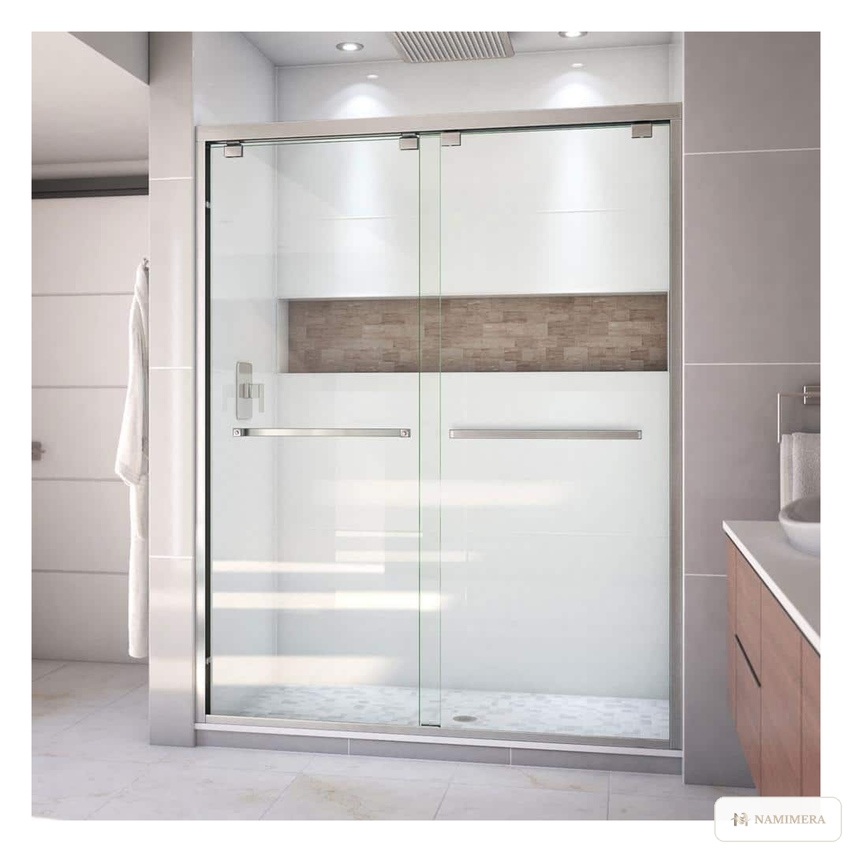 Namimera 56 to 60 in. W x 76 in. H Frameless-Look Bypass Sliding Shower Door with Clear Glass, Matte Black - bn finish