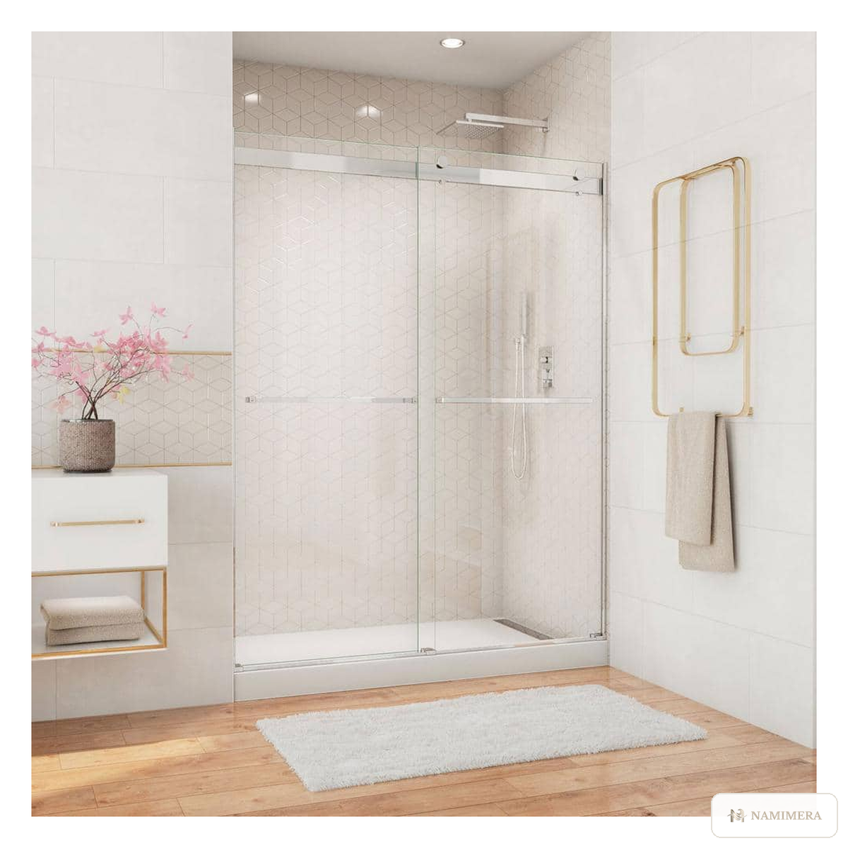 Namimera 56 to 60 in. W x 76 in. H Semi-Frameless Sliding Shower Door with Clear Glass, Brushed Nickel - ch finish