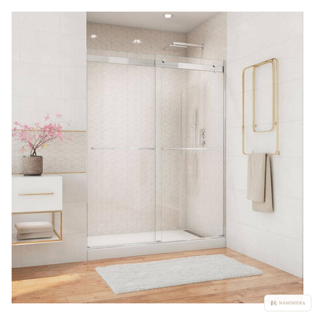 Namimera 56 to 60 in. W x 76 in. H Semi-Frameless Sliding Shower Door with Clear Glass, Brushed Nickel - ch finish