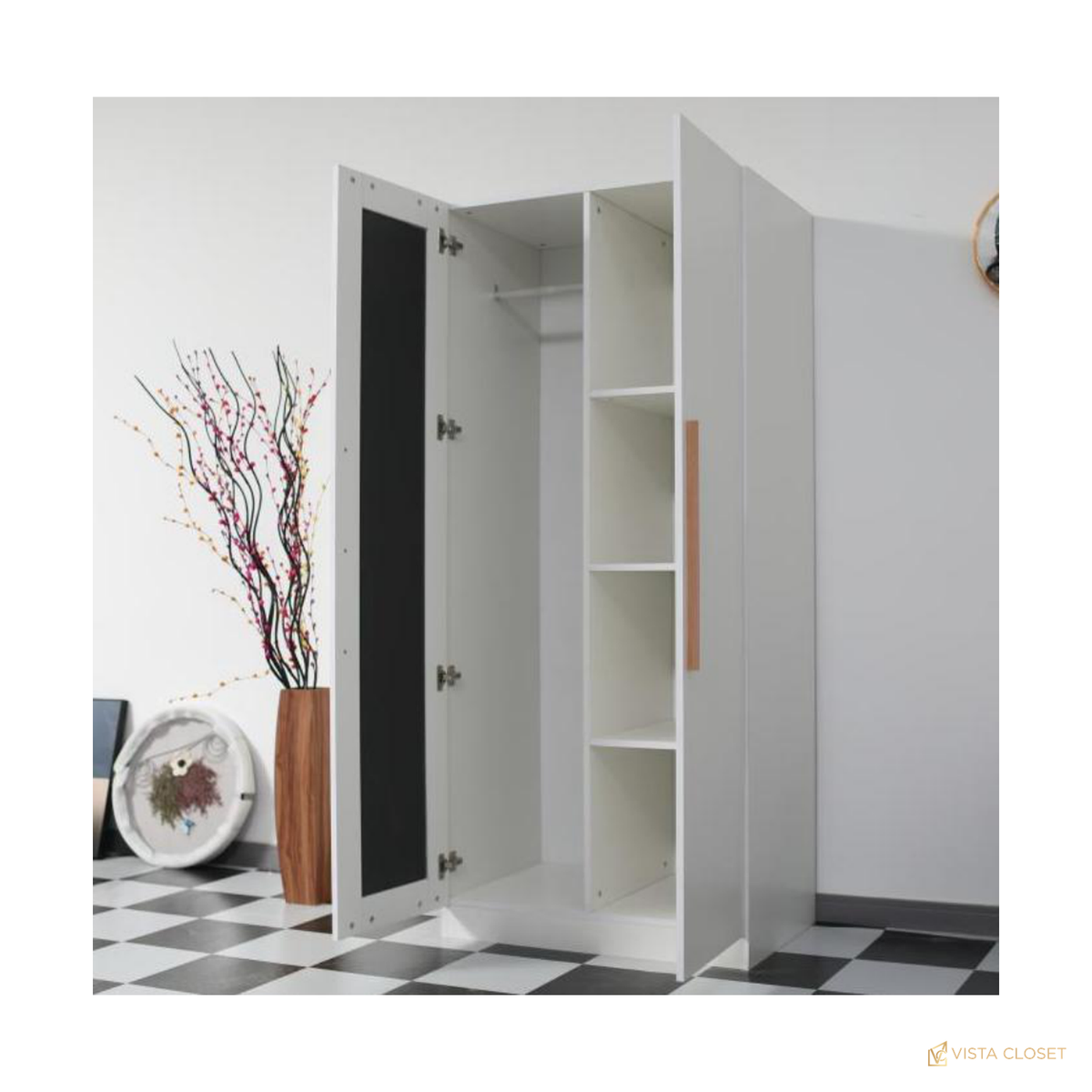 Vista Closet White Mirror-Door Hinged Wardrobe - open interior view