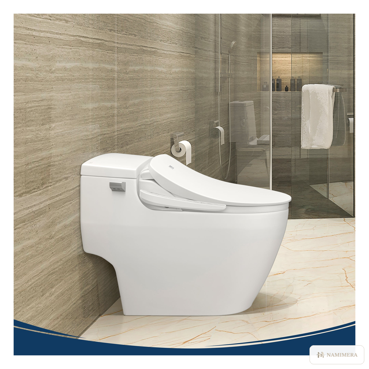 Namimera Electric Bidet Seat for Elongated Toilets with Heated Seat and Warm Air Dryer, White - installed view