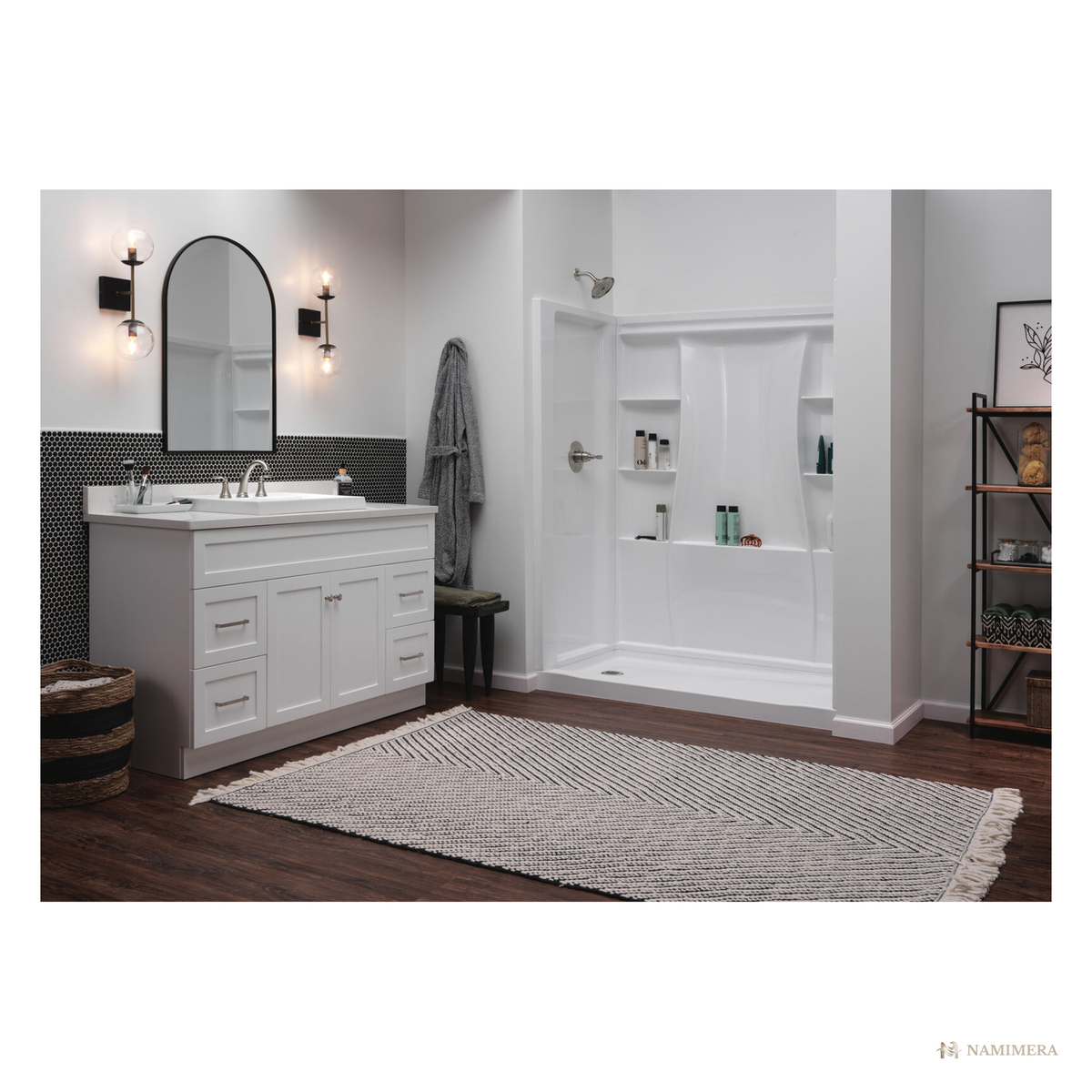 Namimera 60 in. W x 73.25 in. H x 32 in. D 3-Piece Direct-to-Stud Alcove Shower Wall Set, White - installed view