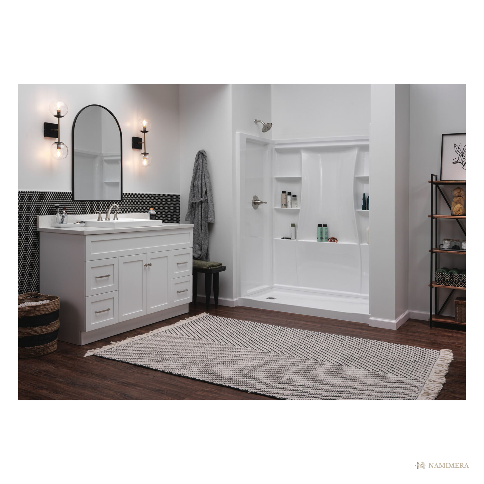 Namimera 60 in. W x 73.25 in. H x 32 in. D 3-Piece Direct-to-Stud Alcove Shower Wall Set, White - installed view