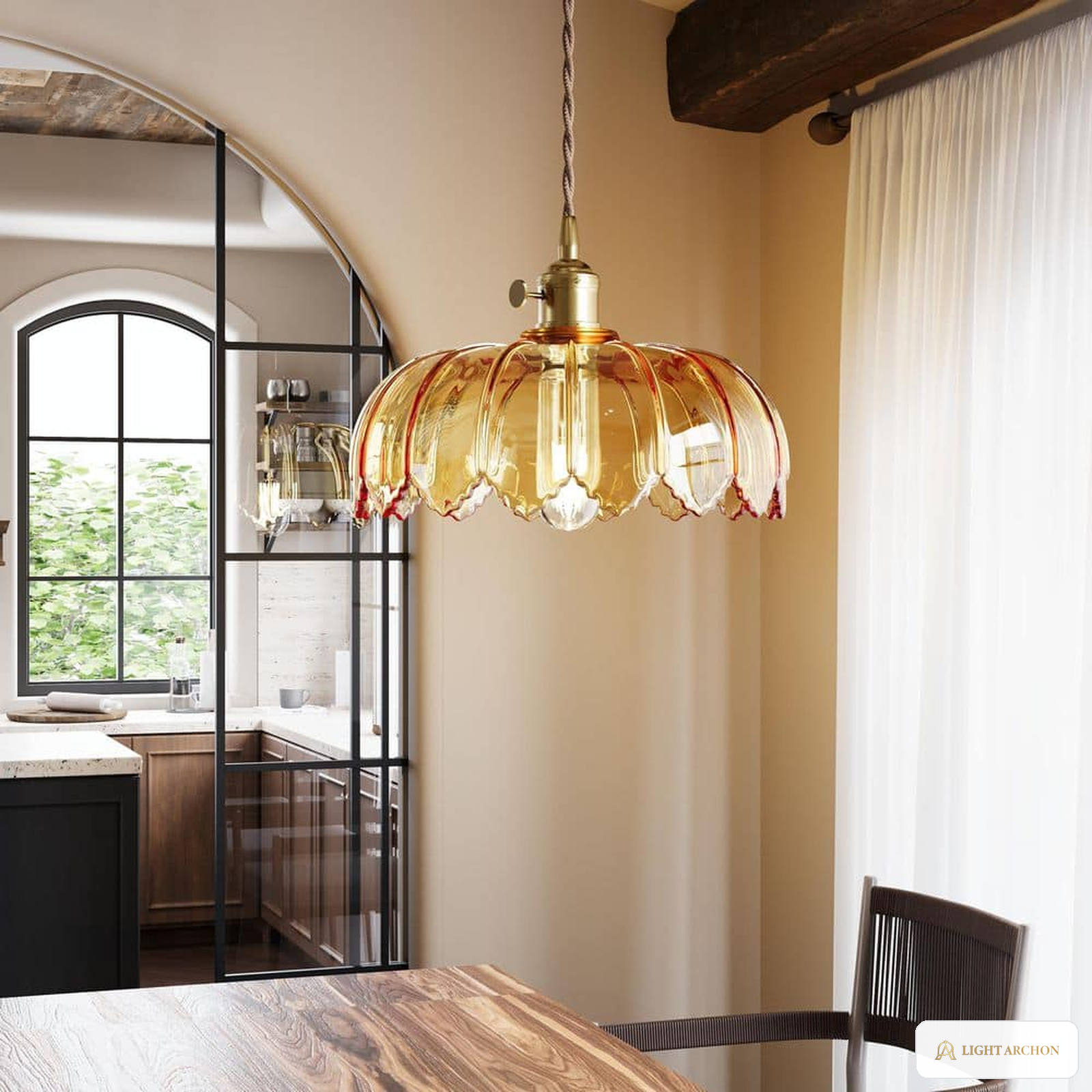 Light Archon Petal 10 in. Amber Ribbed Glass Plug-In Pendant - installed view
