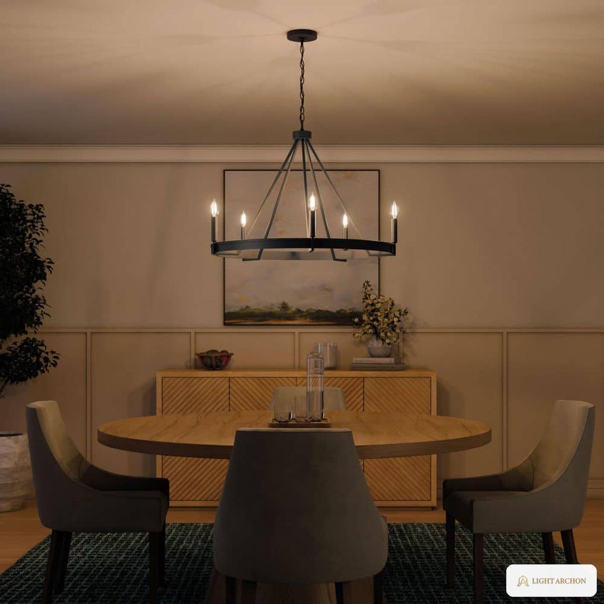 Light Archon Ronde 32 in. 5-Light Matte Black Rustic Modern Candle Chandelier - installed view