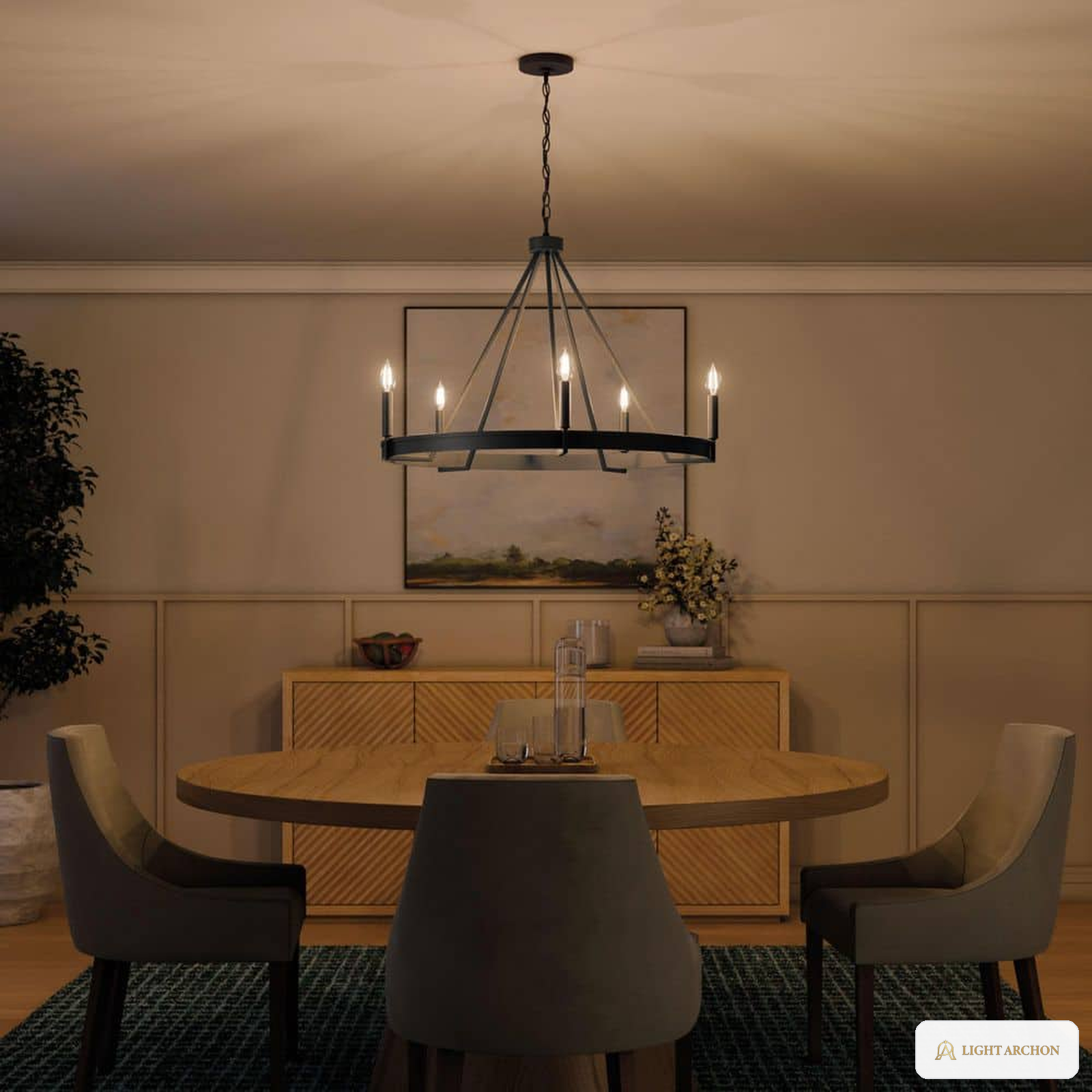 Light Archon Ronde 32 in. 5-Light Matte Black Rustic Modern Candle Chandelier - installed view
