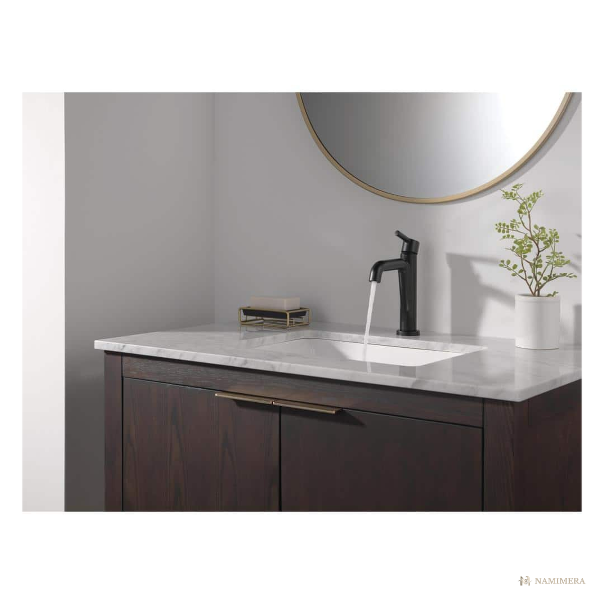 Namimera Single-Hole Single-Handle Bathroom Faucet with Push Pop-Up Drain, 1.2 GPM, Matte Black - installed view