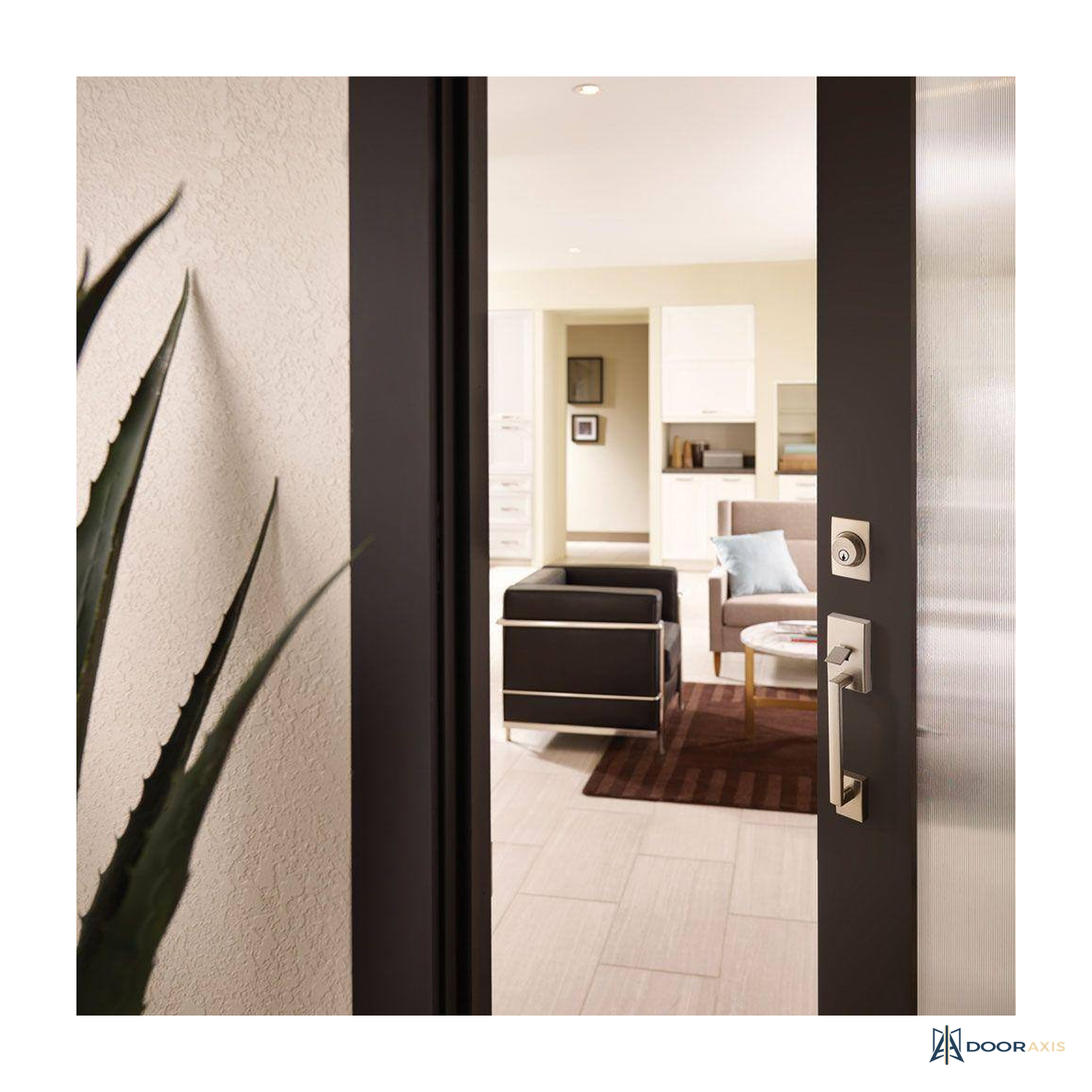 Door Axis Satin Nickel Single Cylinder Entry Handleset, Right-Hand Interior Lever - panel and glazing detail