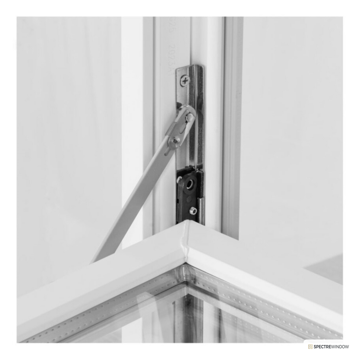 Spectre Window 31.75 in. x 13.75 in. Tilting Vinyl Basement Hopper Window - frame and hardware detail