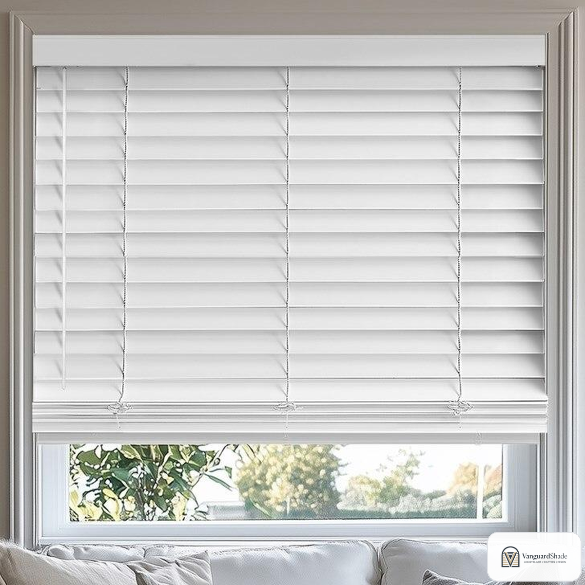 Vanguard Shade 2 in. Cordless Faux Wood Blind, Custom Cut Width - detail view