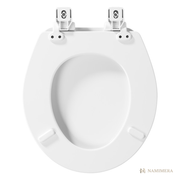 Namimera Enameled Wood Slow-Close Toilet Seat with Never-Loosen Mounting, White - detail view