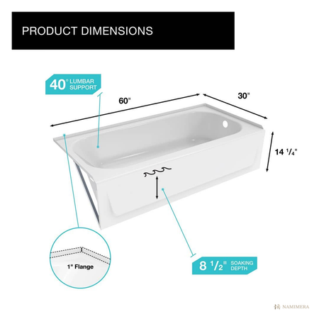 Namimera 60 in. x 30 in. Alcove Soaking Bathtub in Enameled Steel, Left or Right Drain, White - detail view