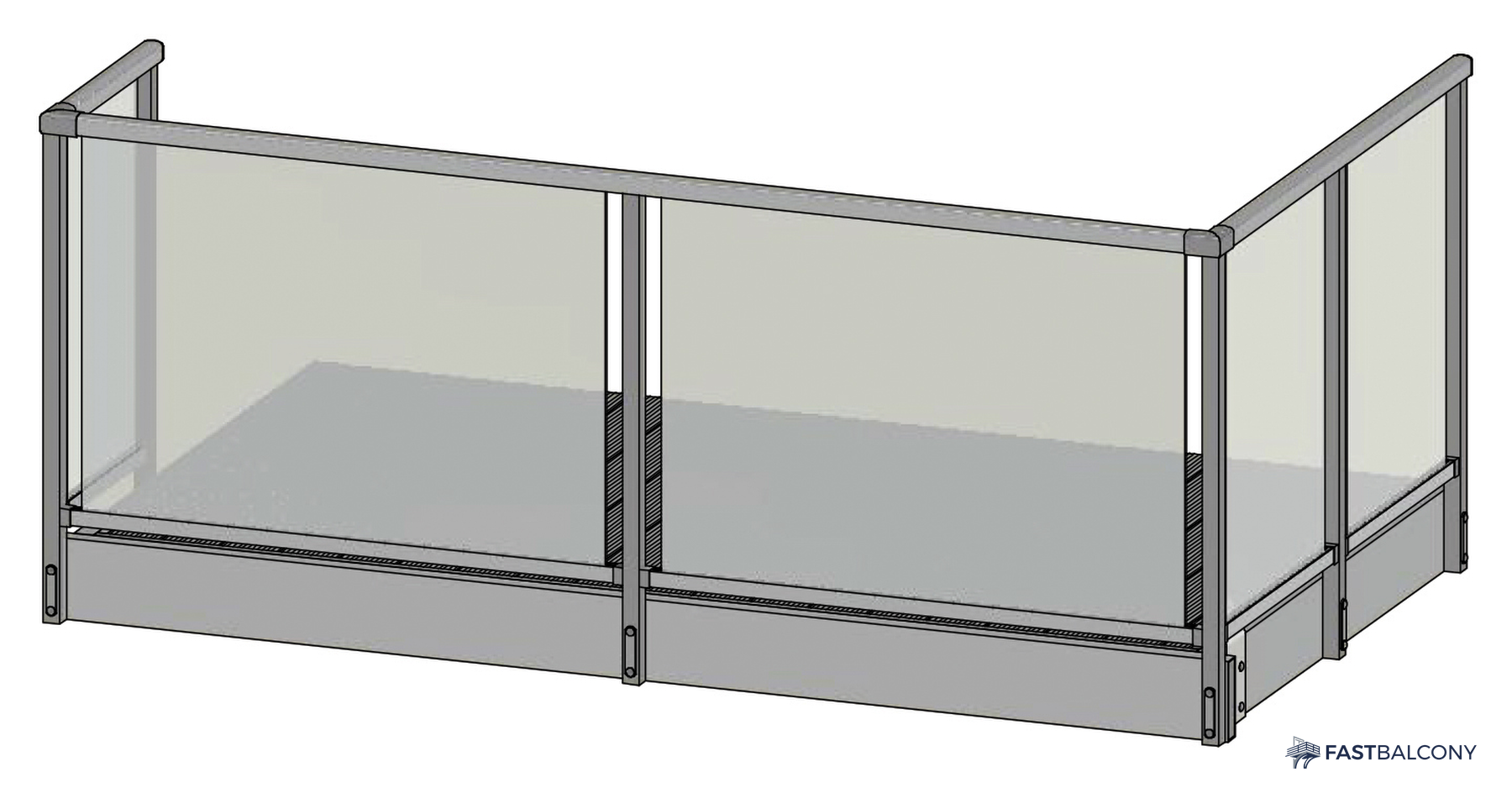 Fast Balcony Glass Railing Bolt-On Aluminum Balcony System - frame and rail detail