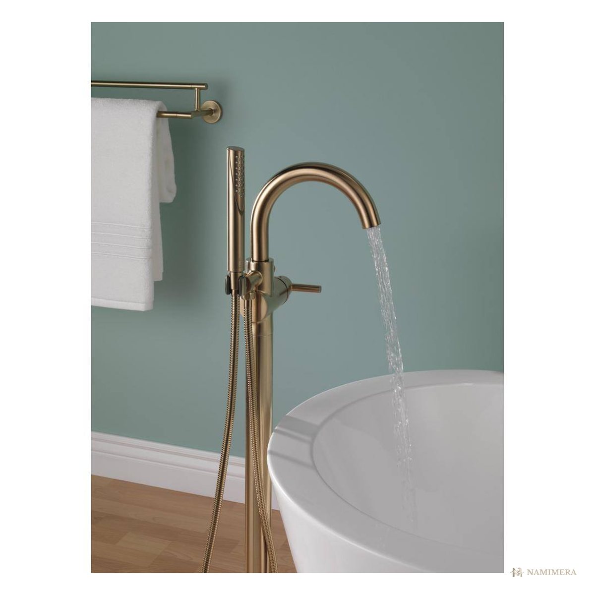 Namimera Single-Handle Floor-Mount Tub Filler Trim with Hand Shower, Champagne Bronze - detail view