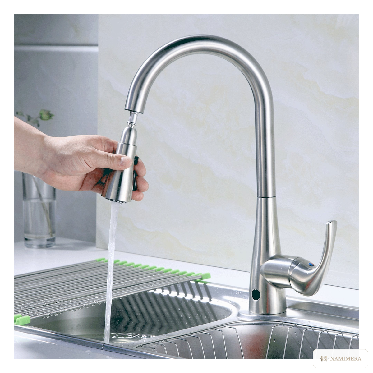 Namimera Motion-Activated Single-Handle Pull-Down Kitchen Faucet, 1.8 GPM, Brushed Nickel - detail view