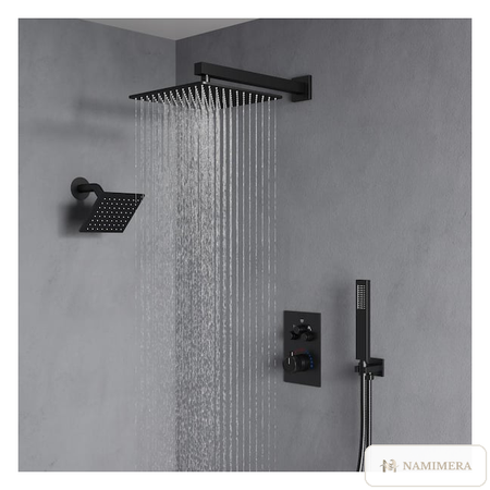 Namimera Thermostatic Shower System with 12 in. Rain Head, 6 Body Jets, and Handheld, Matte Black - detail view