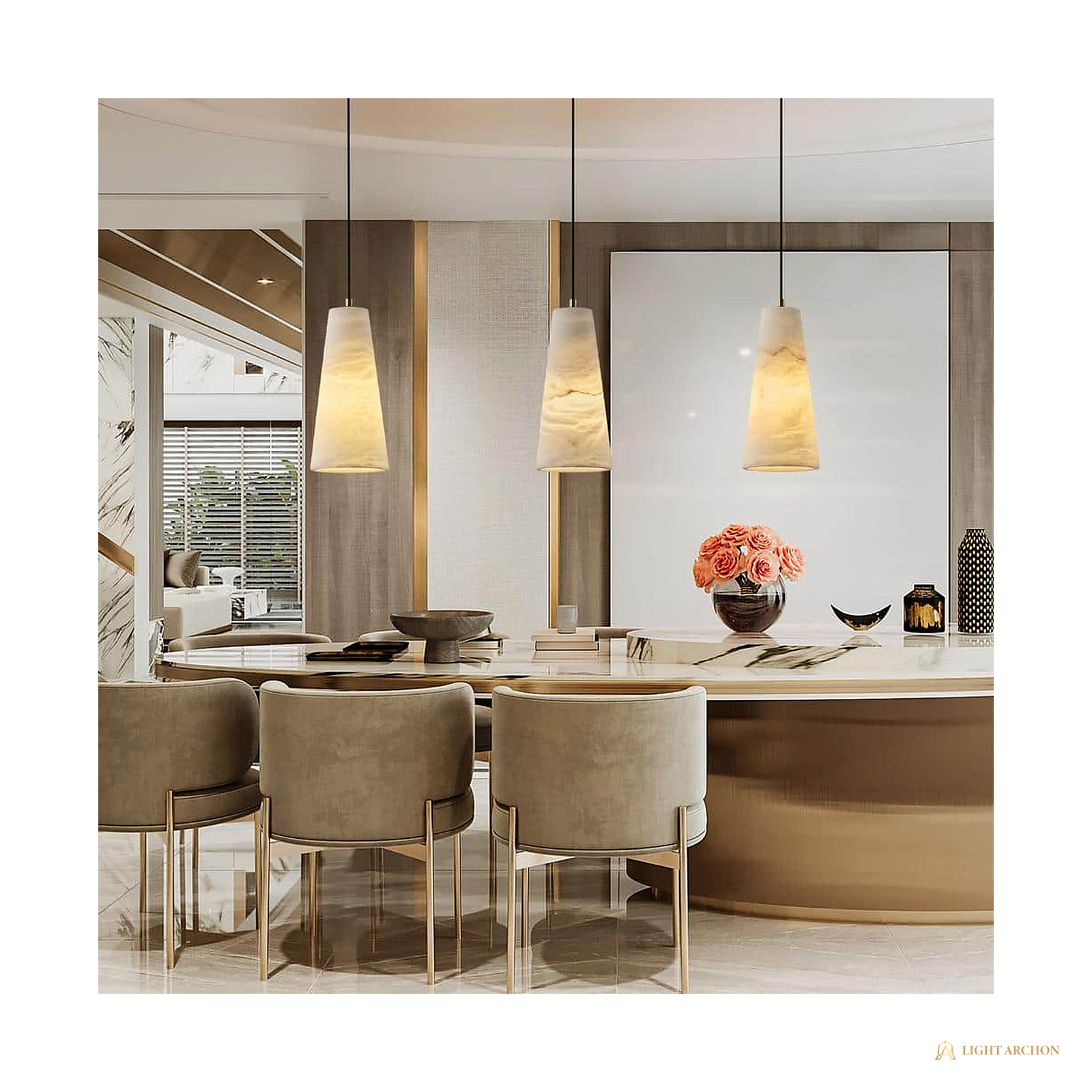 Light Archon Cara Natural Alabaster Cone Pendant with Brushed Gold Hardware - construction detail