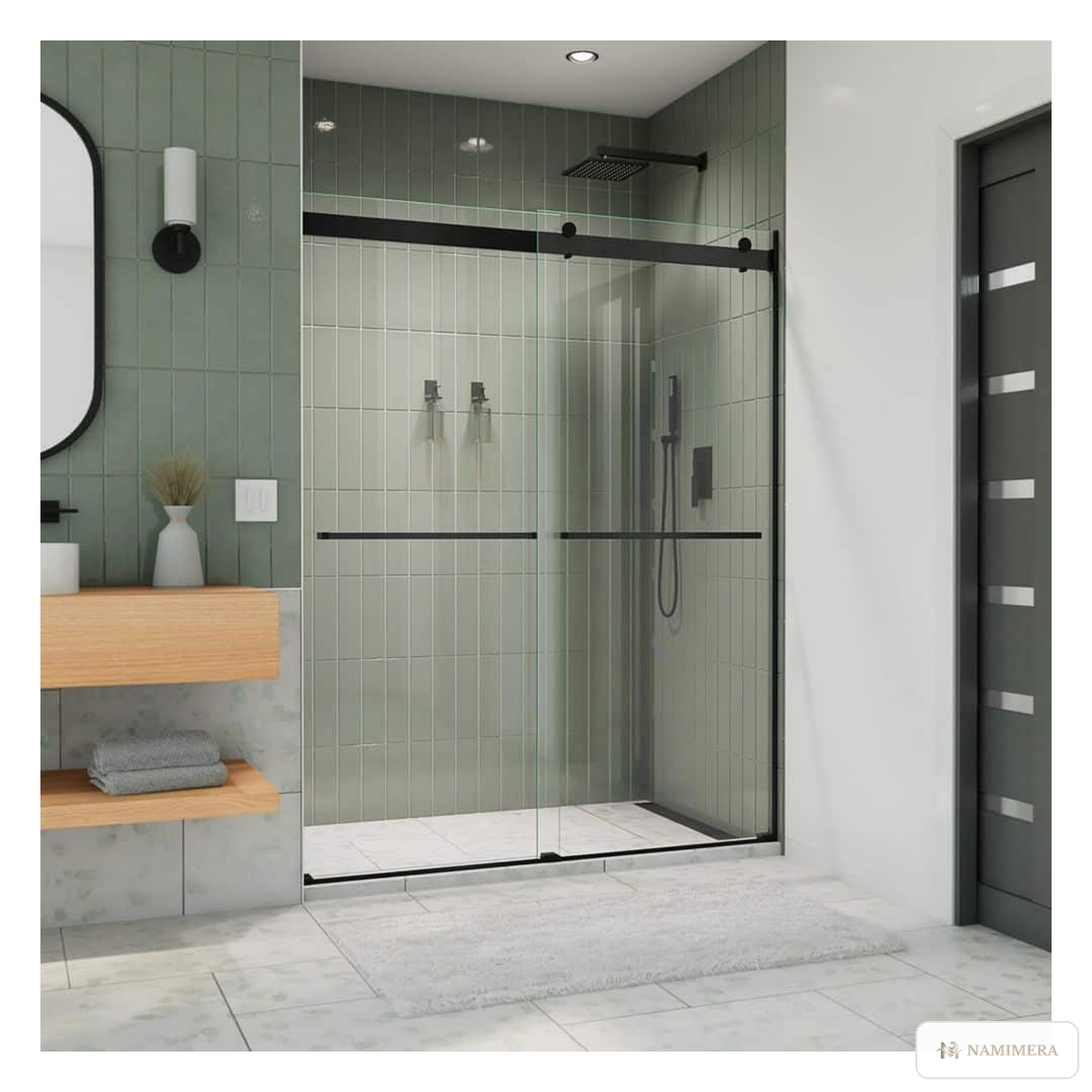 Namimera 56 to 60 in. W x 76 in. H Semi-Frameless Sliding Shower Door with Clear Glass, Brushed Nickel - mb finish