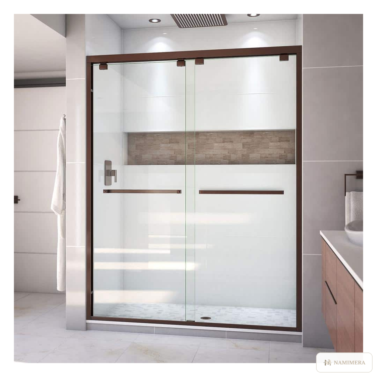 Namimera 56 to 60 in. W x 76 in. H Frameless-Look Bypass Sliding Shower Door with Clear Glass, Matte Black - orb finish