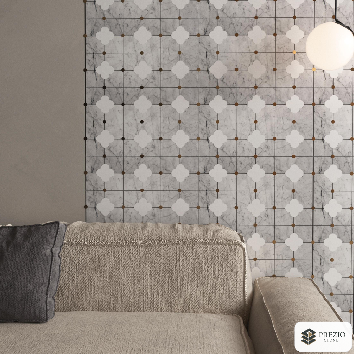 Prezio Stone Quatrefoil Clover Waterjet Mosaic with Brass Dots, Marble and Onyx - installed application