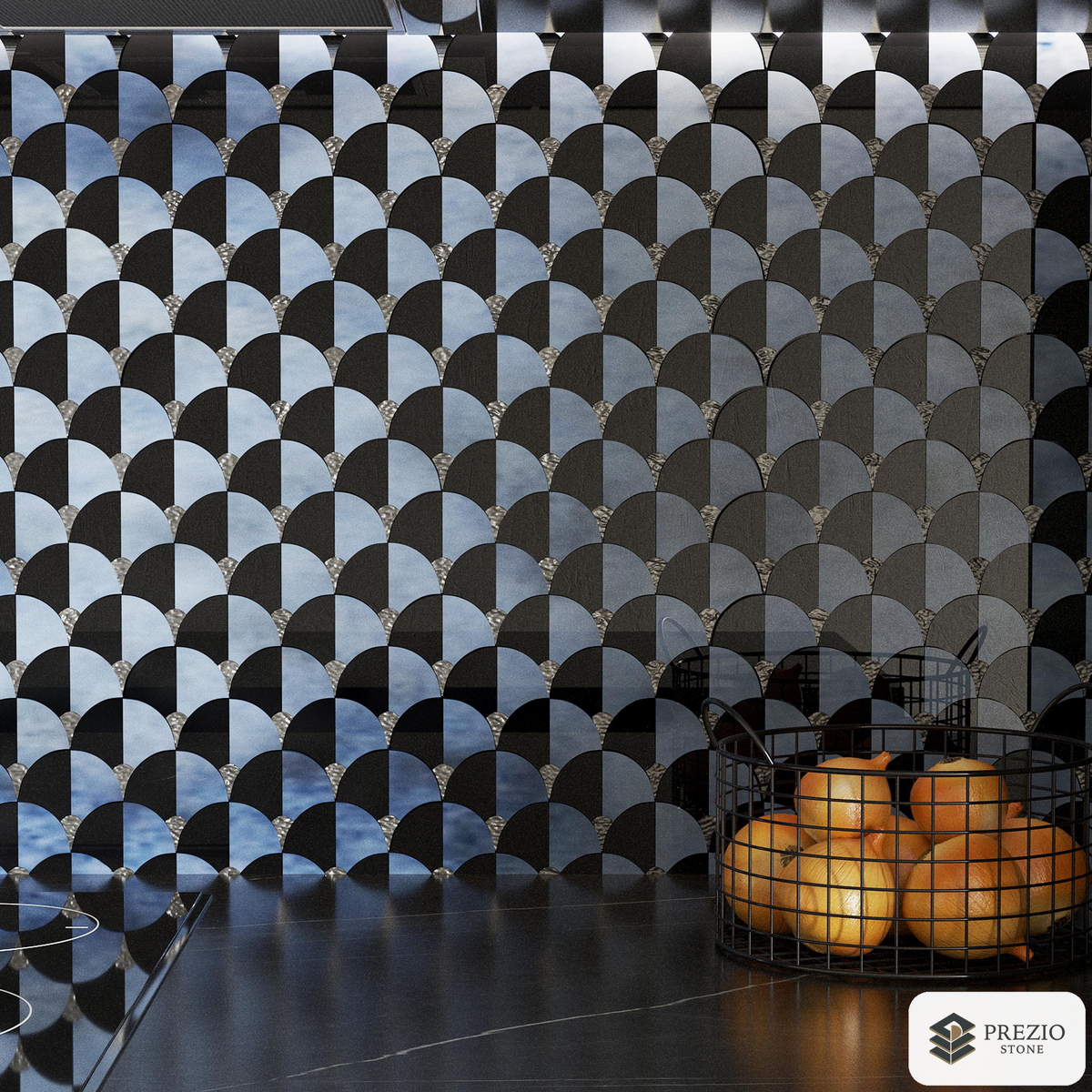 Prezio Stone Scallop Fan Waterjet Mosaic with Brass Wedges, Polished Marble - installed application